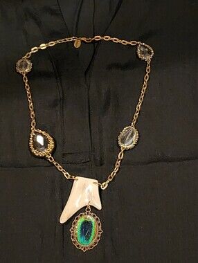 Handmade Bone and Crystal Necklace with Peacock Feather Pendant